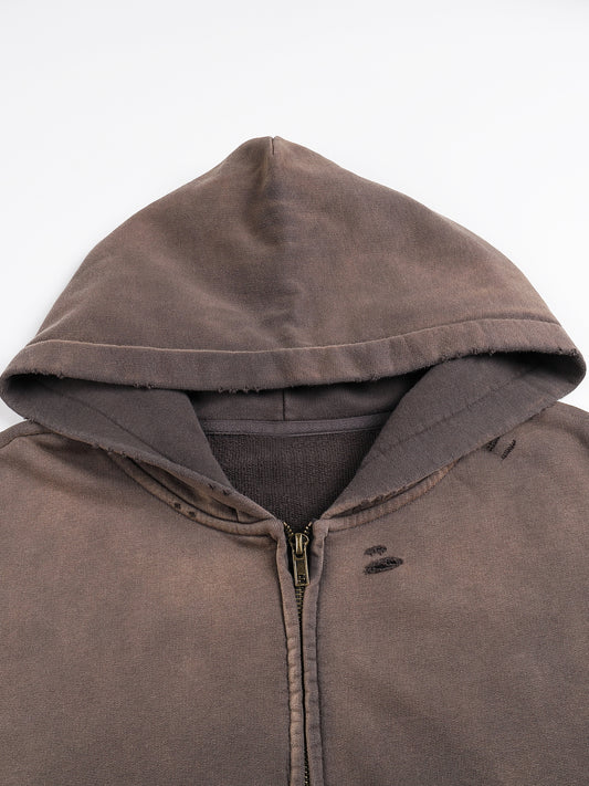 Post-Apocalyptic Aesthetic Pure Cotton Hand-Frayed Monkey Washed Zip Hoodie